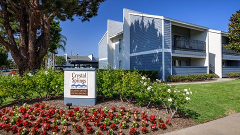 Crystal Springs apartments sign surrounded by flowers at Crystal Springs apartments in Fountain Valley.