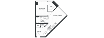 Floor plan 1B. One bedroom, one bath at Lofts on Monaco Apartments in Denver Tech Center.