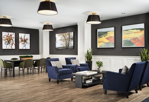 A living room with a blue sofa and a coffee table.
