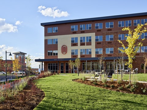 The exterior clock tower at The Audrey Apartments in Highlands Ranch.