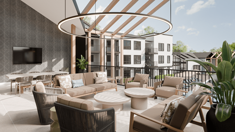 An outdoor seating amenity on the second floor lounge at Bloom at Portola in Livermore.