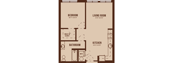 Floor Plan 1A. One bedroom, one bath at The Audrey Apartments Highlands Ranch.