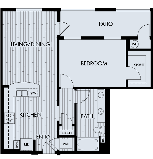 Floor plan 1D. One bedroom, one bath at 88 at Alhambra Place in Alhambra.