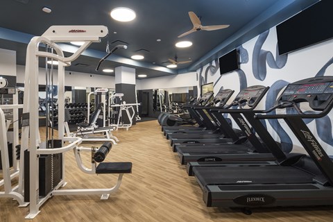 Fitness center with cardio equipment and free weights at Lofts on Monaco Apartments in Denver.