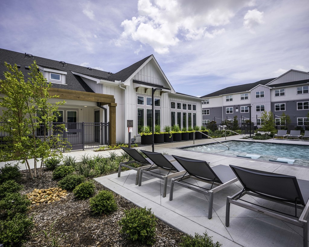 Lush landscaped pool area