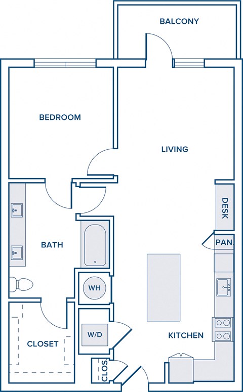 850-874 sqft one bed one bath floorplan image