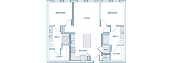 1050 sqft two bed two bath floorplan image