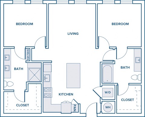 1050 sqft two bed two bath floorplan image