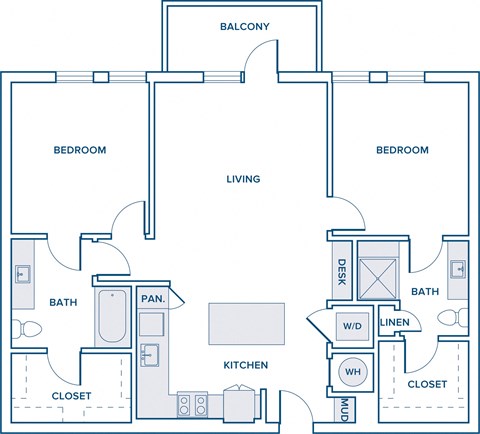 1140-1165 sqft two bed two bath floorplan image