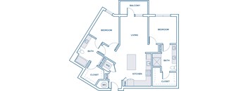 1097 sqft two bed two bath floorplan image
