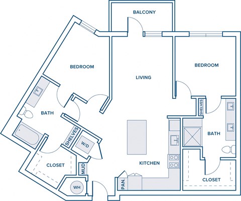 1097 sqft two bed two bath floorplan image
