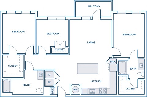 1400 sqft three bed two bath floorplan image