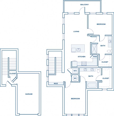 1168 sqft two bed two bath floor plan image