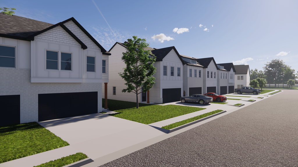 a rendering of a row of houses with cars parked in front