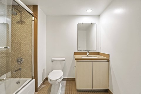 Bathroom with Shower Bath with Glass Door, and Vanity Cabinet Storage