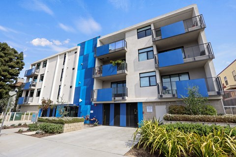 Sidewalk View of Palm Blue by Wiseman, an apartment community in Palms