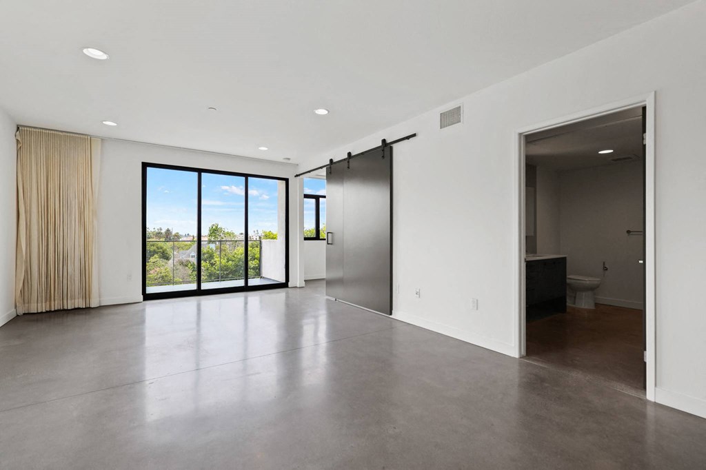 Living Room, Patio, and Bathroom