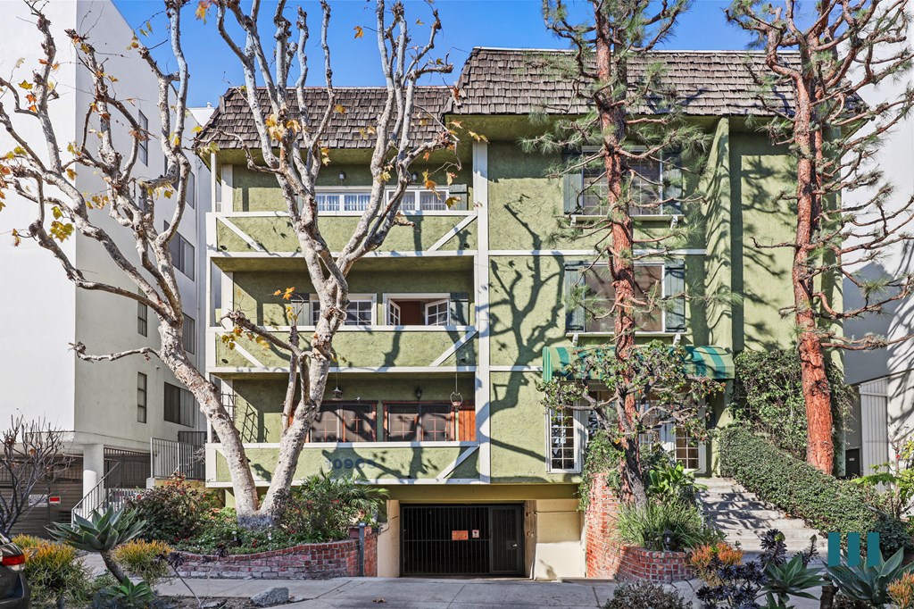 A green building with a black door and windows.