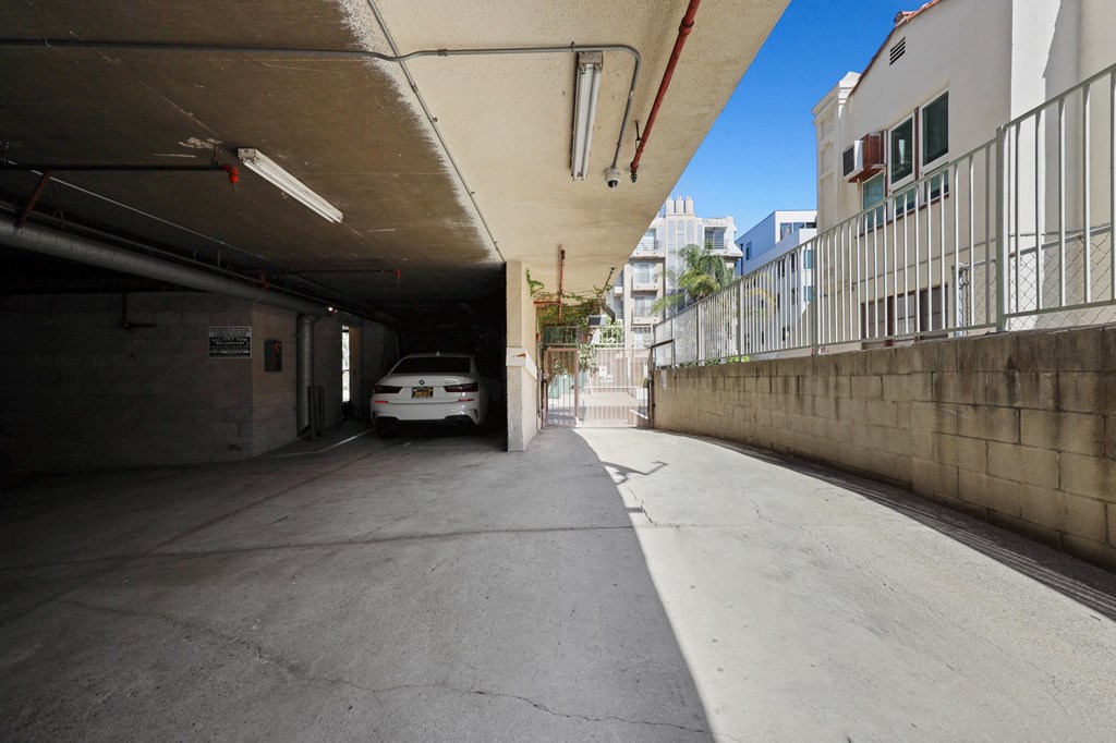 a car is parked in a parking garage