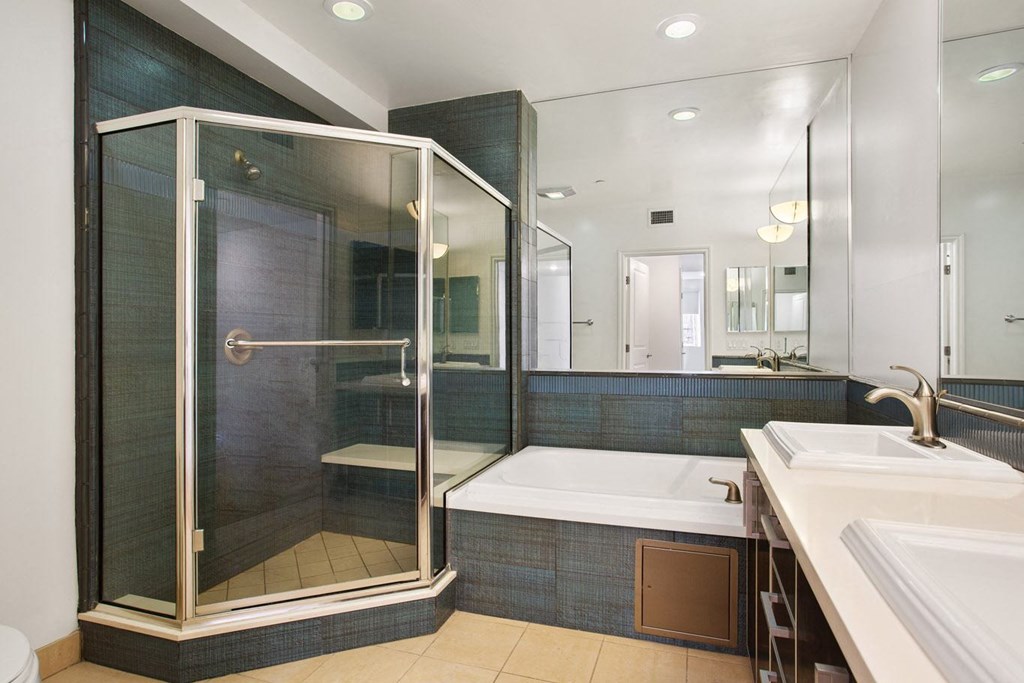 Bathroom with Large-Size Bathtub, Stand-Up Shower, and Double-Sink Vanity