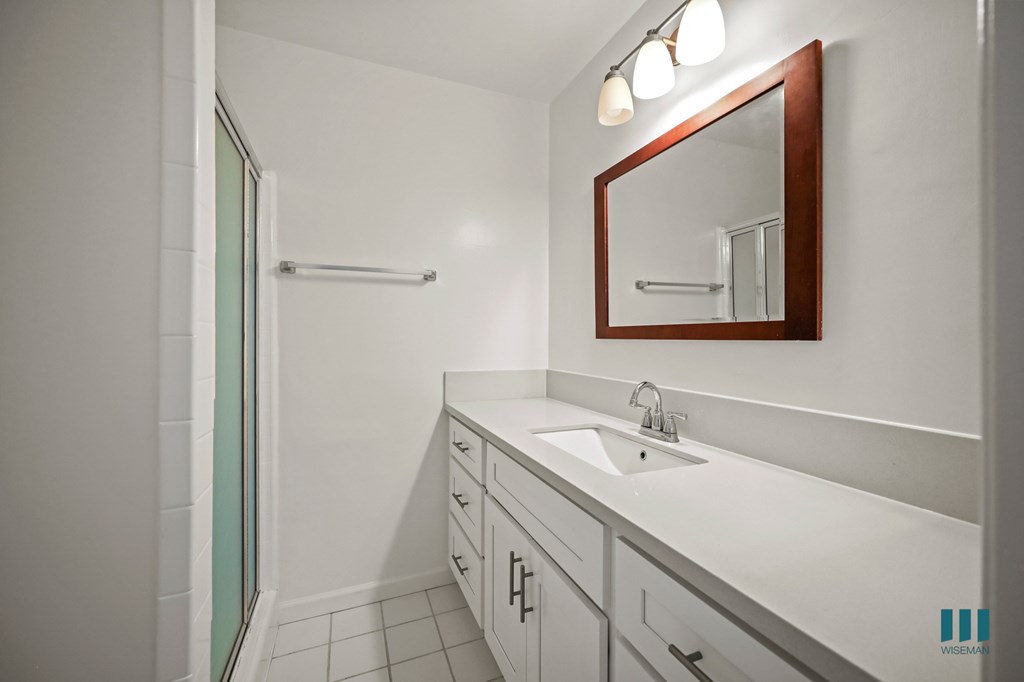 Bathroom with a Walk-In Shower and Vanity Cabinet Storage and Drawers