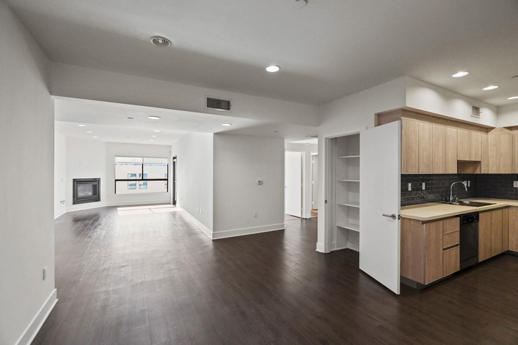 Open-Concept Floor Plan with Kitchen, Dining, and Living Room Area plus a Hall Closet with Built-In Shelving