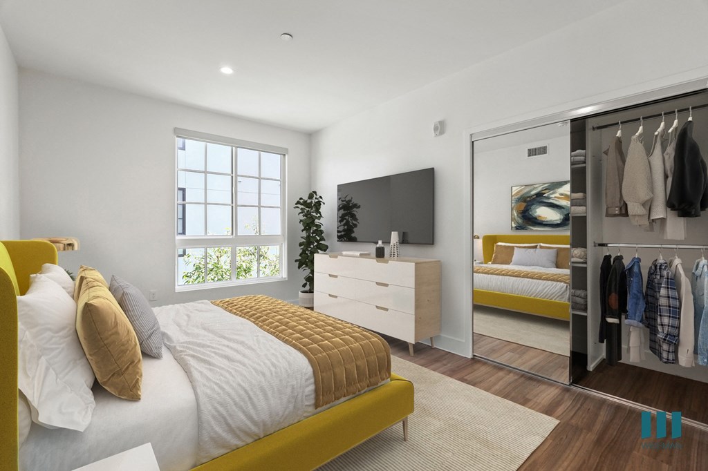 Bedroom with Mirrored Closet, Vinyl Flooring, Recessed Lighting, and Large-Size Windows