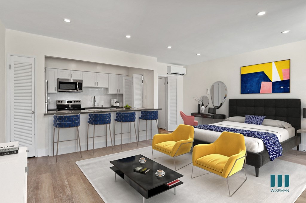 Studio with Full-Size Kitchen with Countertop Bar, Closets, and Vinyl Flooring