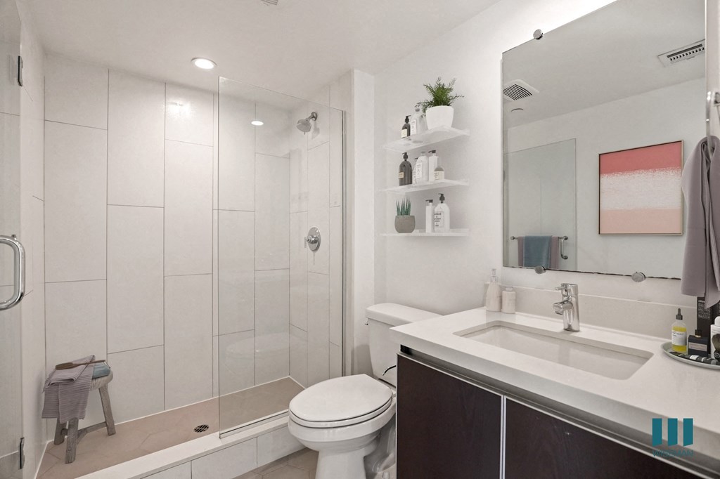 Bathroom with Large-Size Walk-In Shower with Glass Door and Vanity Cabinet Storage