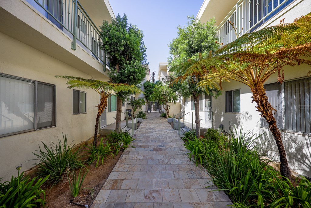 the courtyard between the apartment buildings has a walkway with trees and plants