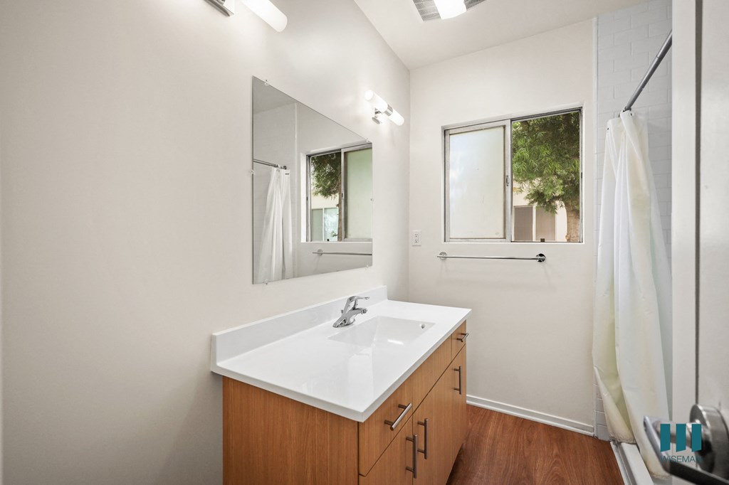 a bathroom with a sink and a mirror and a shower