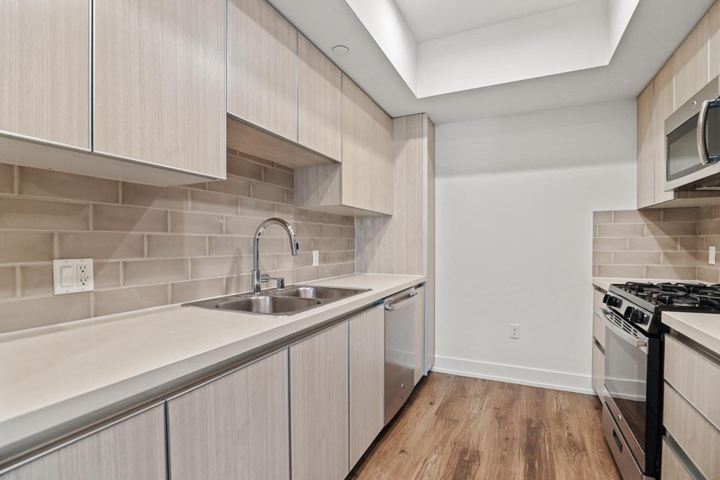 Kitchen with Double-Sink, Dishwasher, Stove, and Microwave Oven