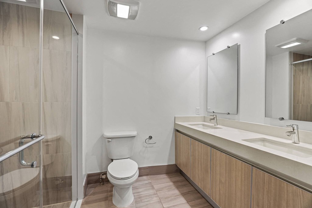 Bathroom with Double-Sink Vanity and Walk-In Shower