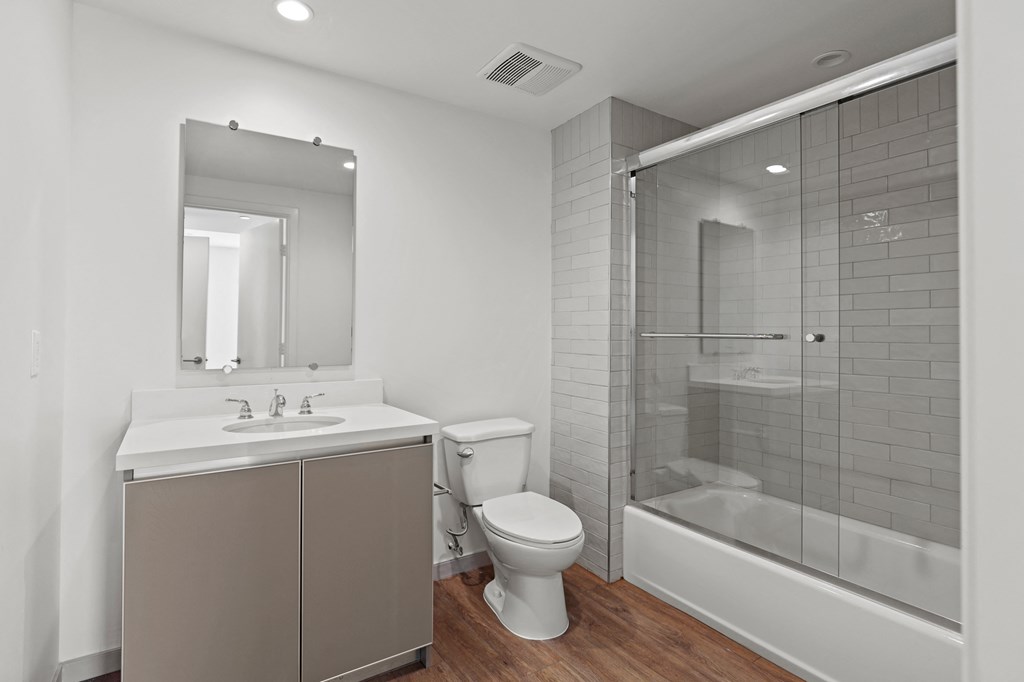 Bathroom with Shower Bath and vanity Cabinet Storage