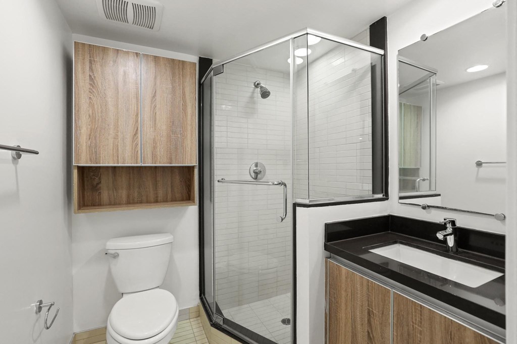Bathroom with Stand-Up Shower and Vanity Cabinet Storage