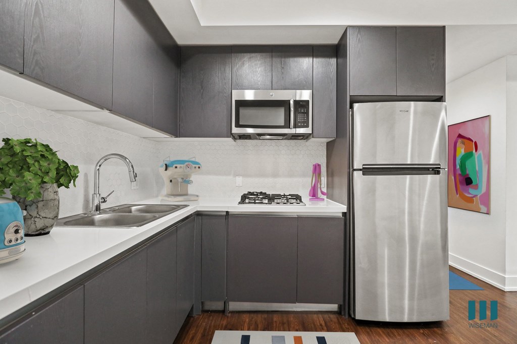 Kitchen with Double-Sink, Refrigerator, Stovetop, and Microwave Oven