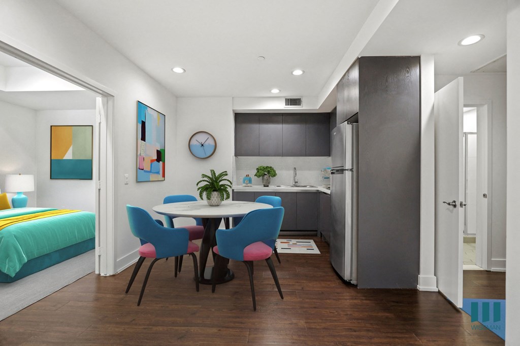 Kitchen, Dining, and Bedroom with Double-Doors