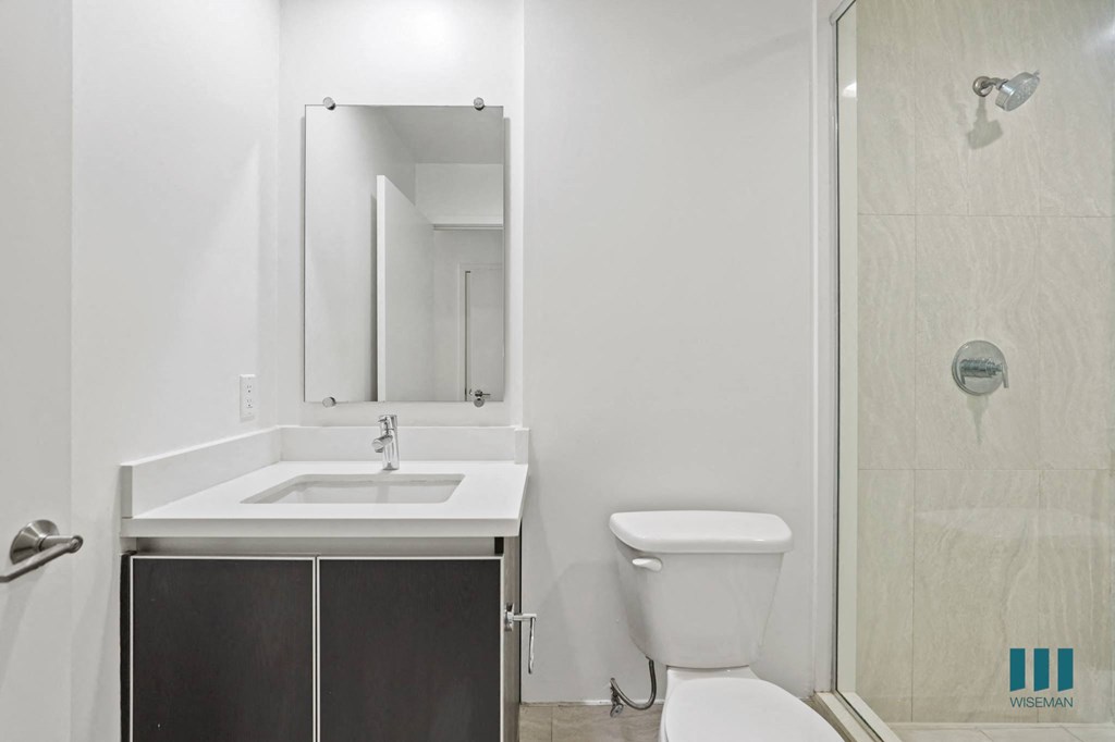 Bathroom with Walk-In Shower with Glass Door and Vanity Cabinet Storage