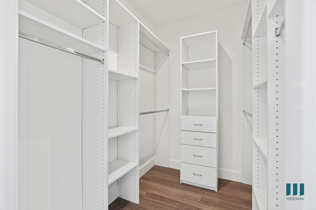 Walk-In Closet with Built-In Organizers and Shelving