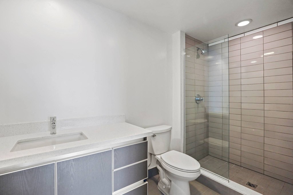 Bathroom with Walk-In Shower, and Vanity with Cabinet and Drawers