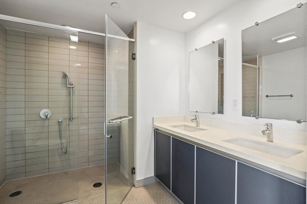 Bathroom with Large-Size Walk-In Shower and Double-Sink Vanity