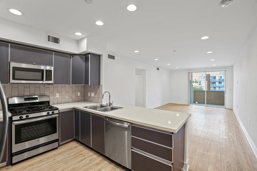 Open-Concept Kitchen, Dining, and Living Room Spaces with Patio