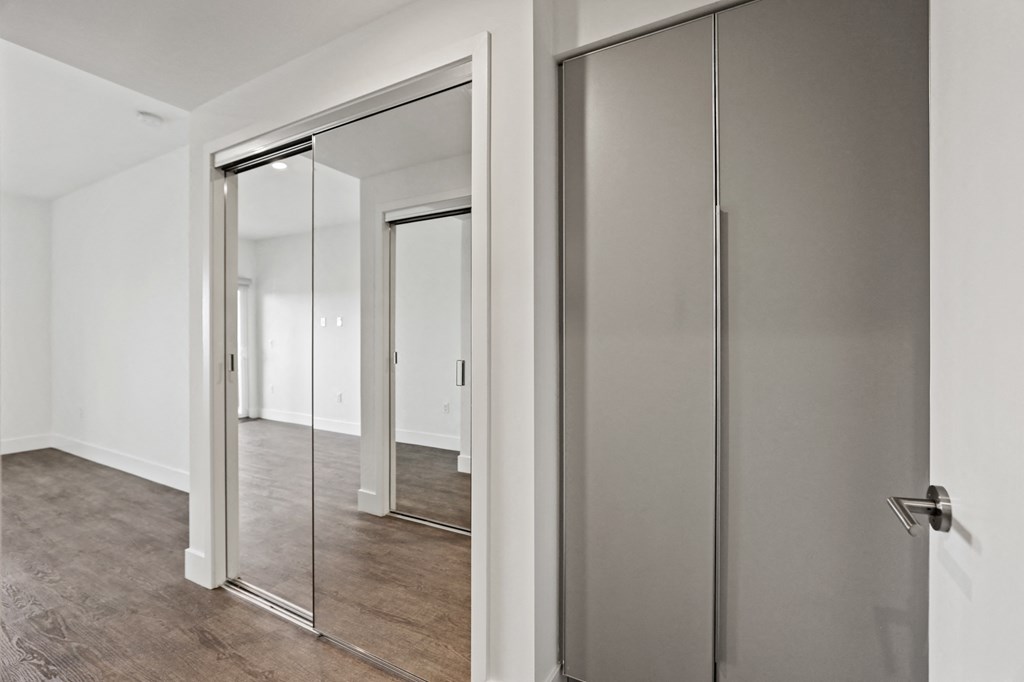 Bedroom with Mirrored Closet and Built-In Cabinet Storage