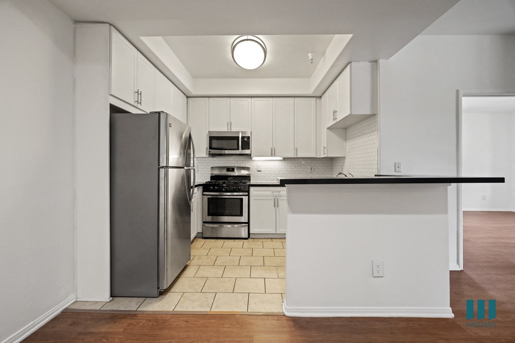 Kitchen with Stainless-Steel Refrigerator, Stove, Microwave Oven, and Dishwasher