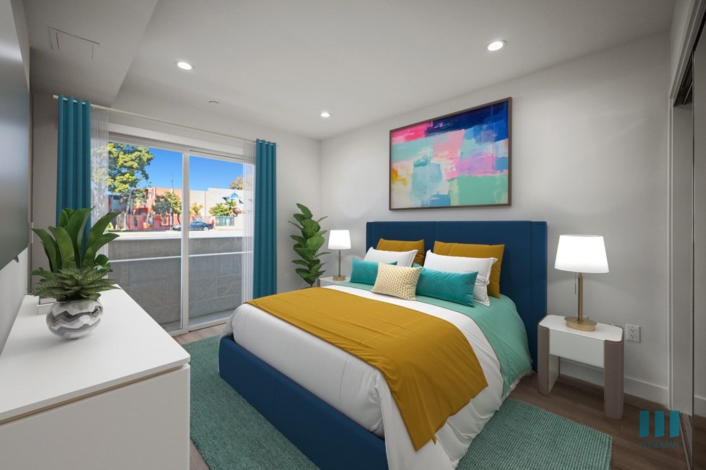 A bedroom with a bed, nightstand, and a painting on the wall.