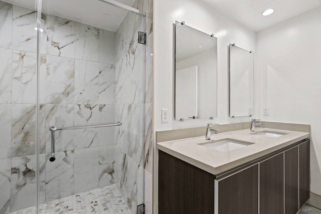 Bathroom with Walk-In Shower and Double-Sink Vanity