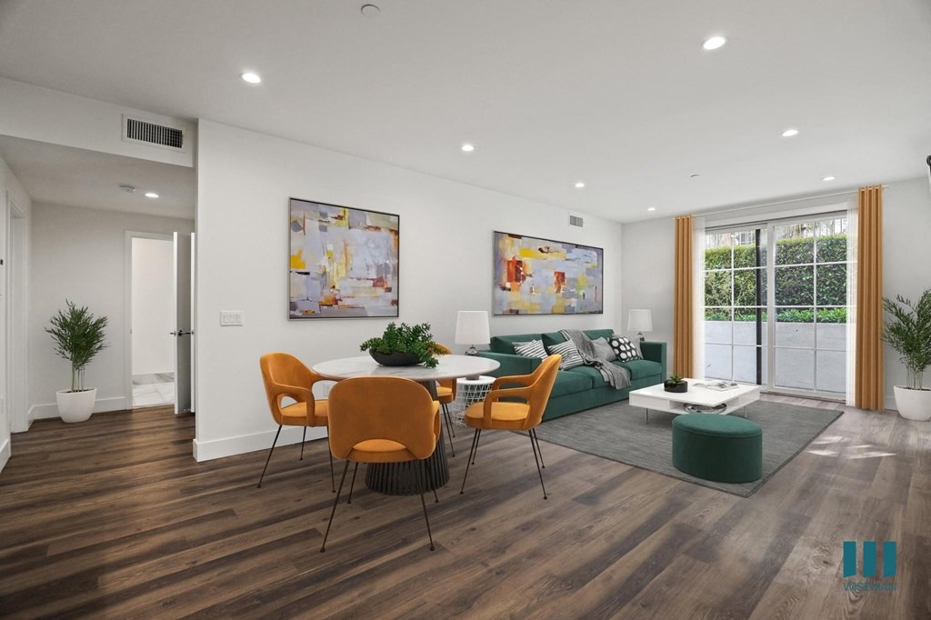 Open-Concept Dining and Living Room with Patio and Large-Size Windows Open-Concept Dining and Living Room with Patio and Large-Size Windows