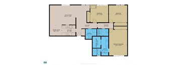A floor plan of a house with a living room, two bedrooms, a dining room, a kitchen, a laundry room, a primary bedroom, and a vanity.