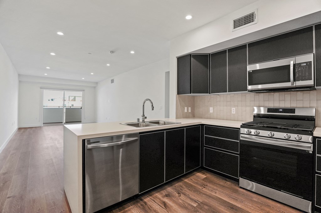 Open-Concept Kitchen with Stainless-Steel Dishwasher, Stove, and Microwave Oven
