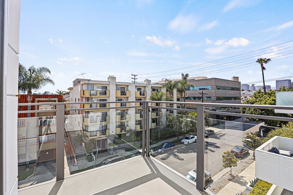 a view of a building from a balcony